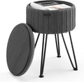 Round Ottoman with Storage, Pleated Velvet Storage Ottoman, Foot Stool Ottomans, Makeup Vanity Stool, Small Ottomans Foot Rest, Modern Vanity Stools for Living Room and Bedroom, Grey