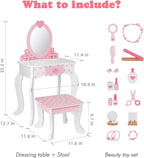 OOOK Kids Vanity Set with 15pcs Make-up Accessories, Pink Heart-Themed | FSC Safety, Toddler Vanity Table and Chair Set with Mirror and Drawer, Suitable for Girls Aged 3+