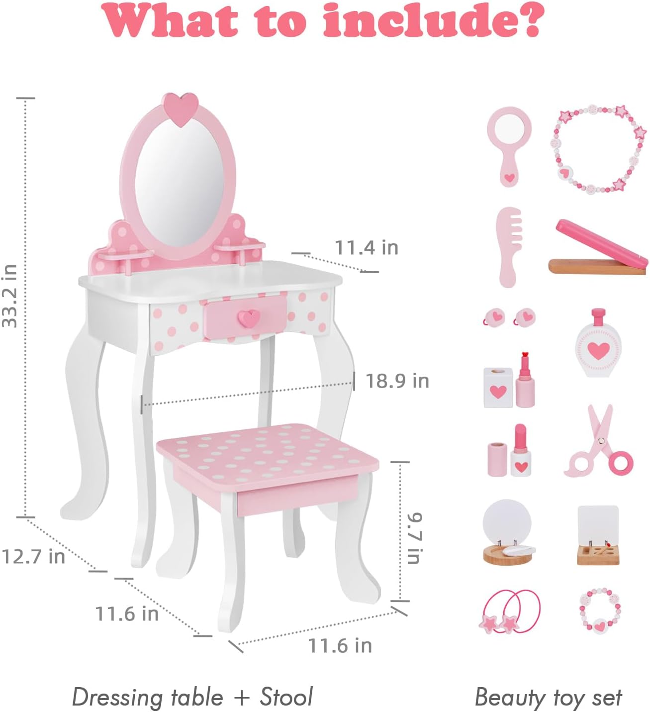 OOOK Kids Vanity Set with 15pcs Make-up Accessories, Pink Heart-Themed | FSC Safety, Toddler Vanity Table and Chair Set with Mirror and Drawer, Suitable for Girls Aged 3+