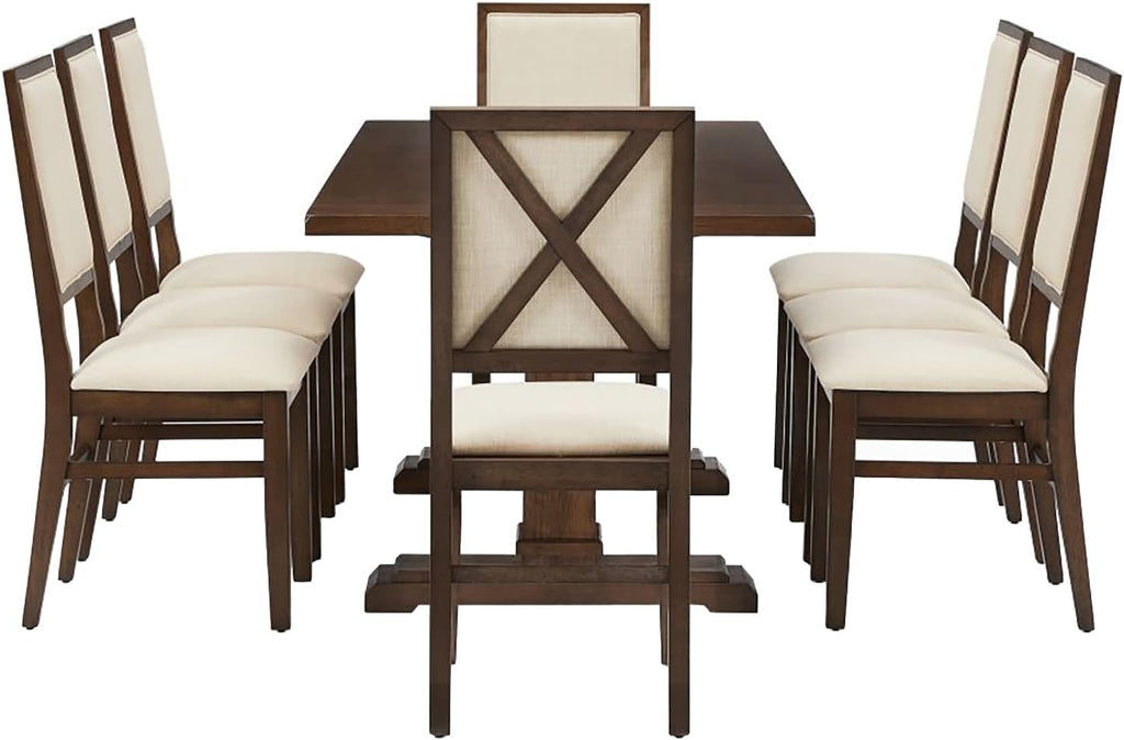 Crosley Furniture Joanna 9-Piece Modern Farmhouse Dining Table Set for 8 with Upholstered Chairs, Dark Oak/Creme