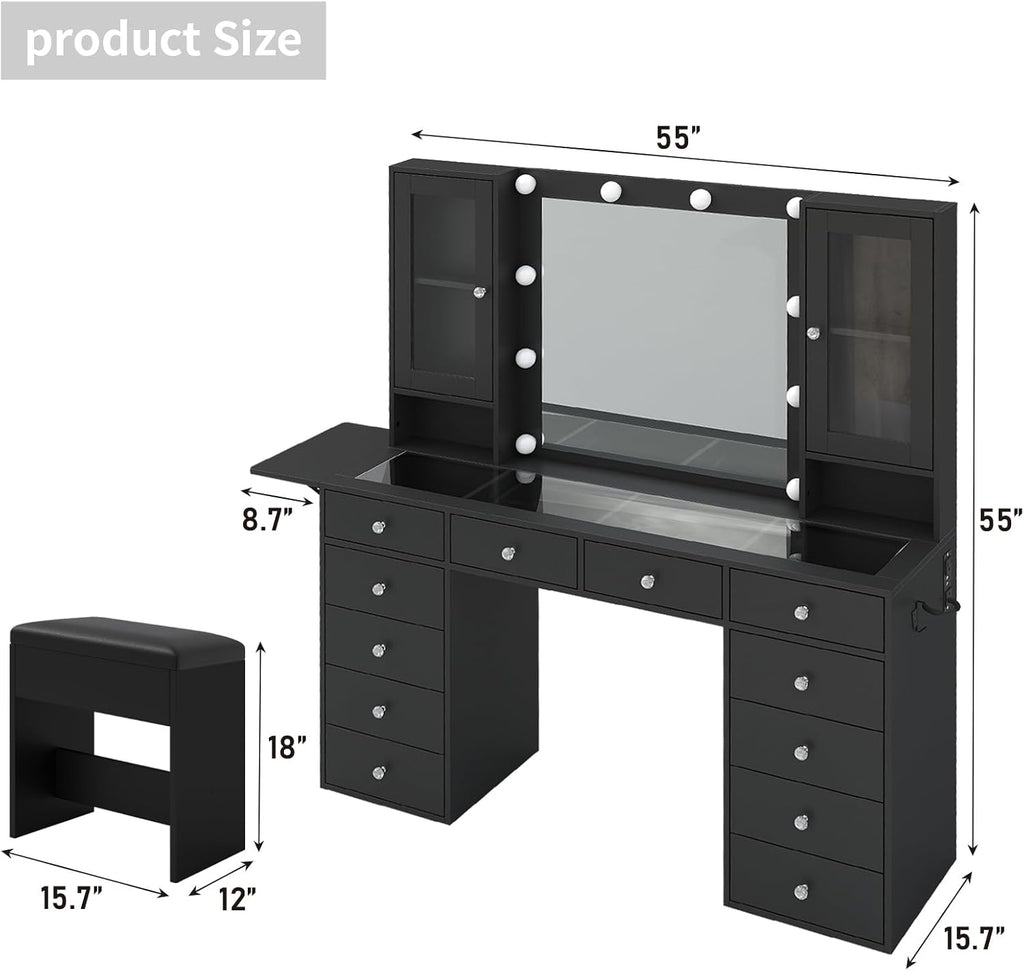 Yanosaku 55''W Makeup Vanity Desk with Mirror and Lights, 12 Drawers, Black | 3 Lighting Modes, Power Outlet, Glass Top, 2 Cabinets, Fold-up Panel, Vanity Stool Included, Fits Bedroom Dressing Room