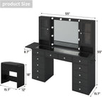 Yanosaku 55''W Makeup Vanity Desk with Mirror and Lights, 12 Drawers, Black | 3 Lighting Modes, Power Outlet, Glass Top, 2 Cabinets, Fold-up Panel, Vanity Stool Included, Fits Bedroom Dressing Room