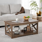 AMERLIFE 3 Piece Farmhouse Living Room Coffee Table Set, Barnwood | Coffee Table & 2 End Tables with Charging Station and USB Ports, Farmhouse Style, Barn Door Design, Living Room Furniture