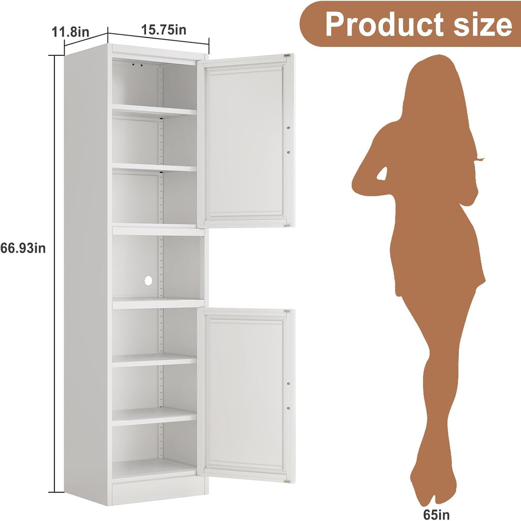 Tokawa 67” Tall Slim Storage Cabinet, 12 Inch Deep x 16 Inch Wide Metal Pantry with Open Middle Shelf, Narrow Kitchen Utility Cabinet with Gold Handles, White