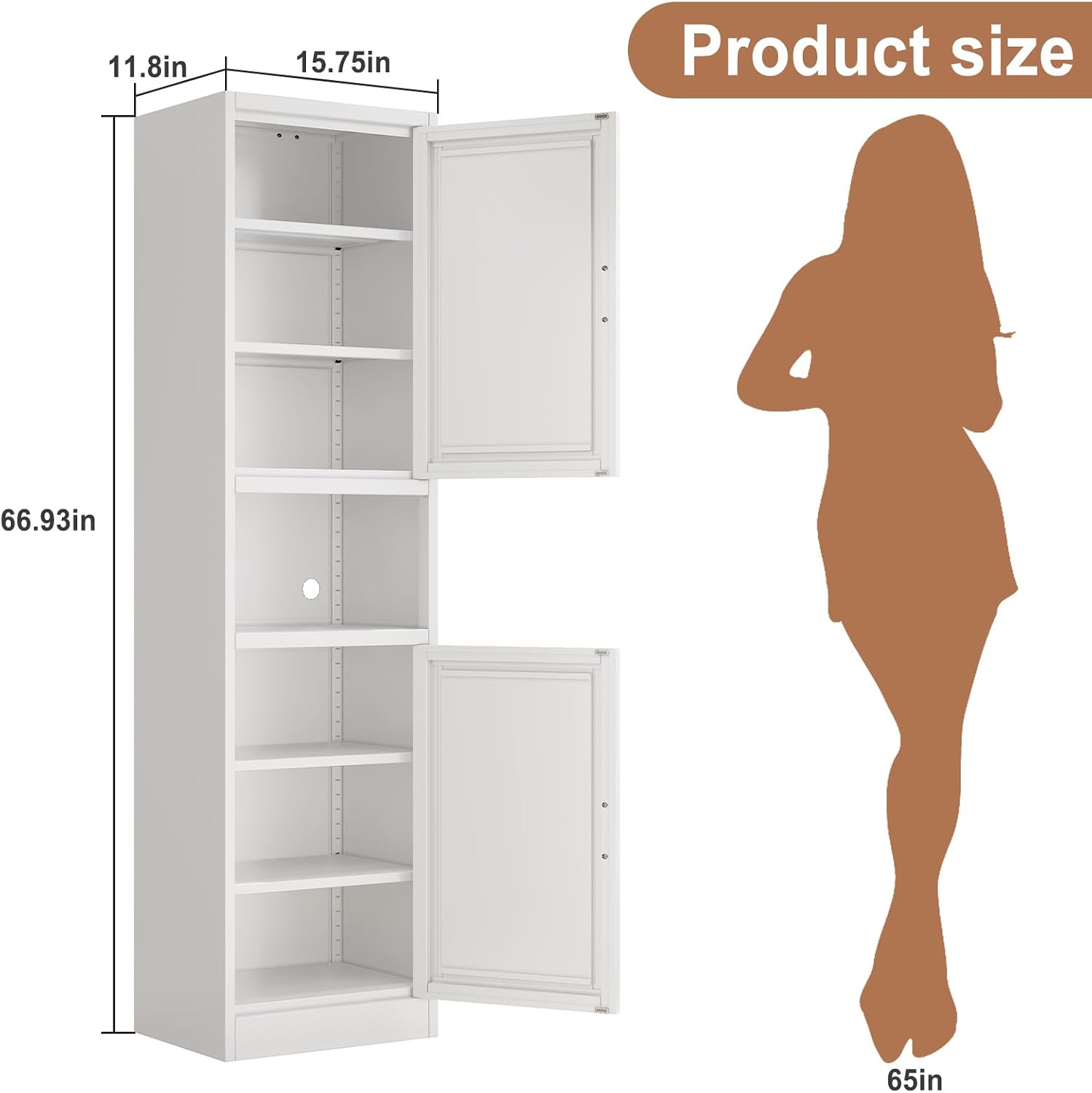 Tokawa 67” Tall Slim Storage Cabinet, 12 Inch Deep x 16 Inch Wide Metal Pantry with Open Middle Shelf, Narrow Kitchen Utility Cabinet with Gold Handles, White
