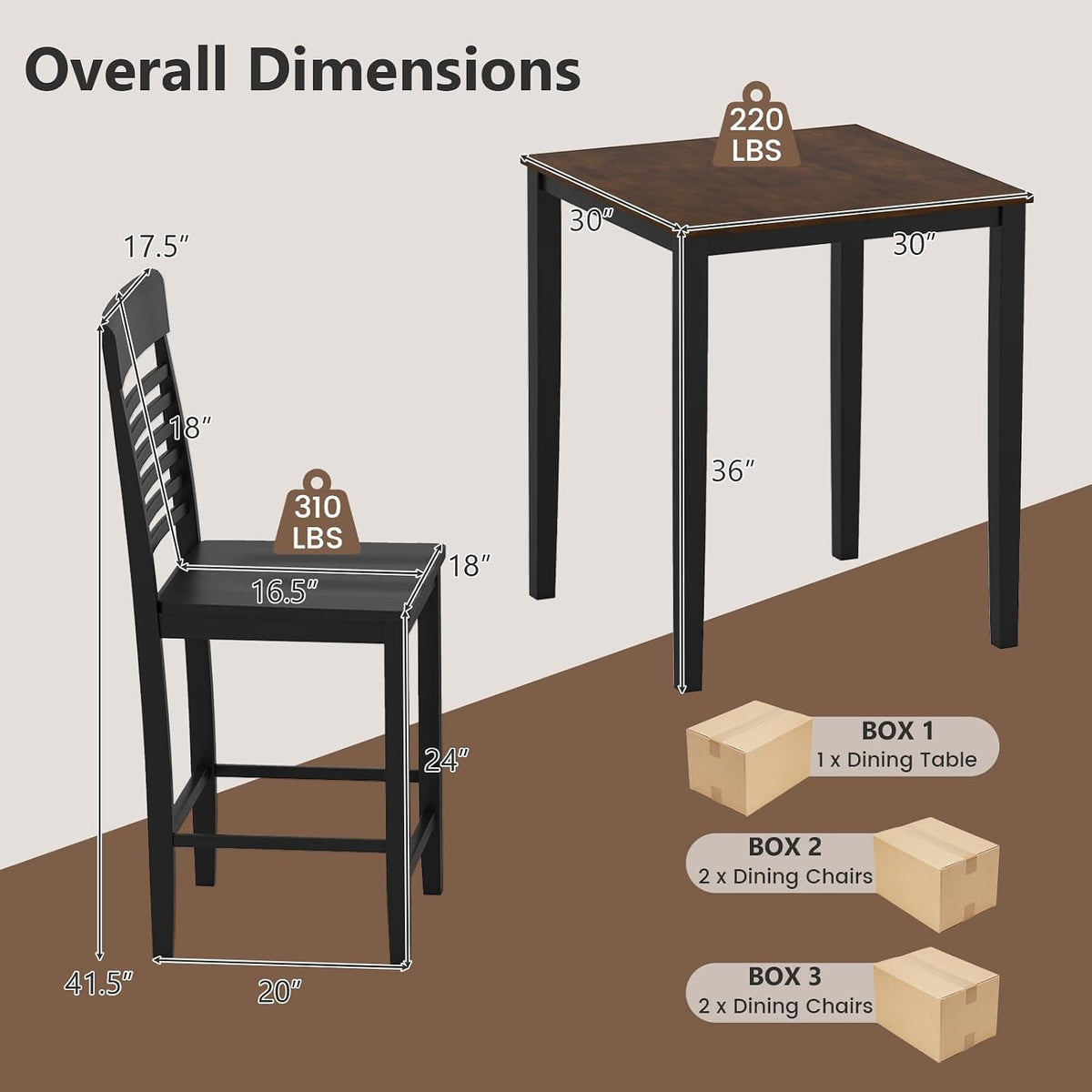 Giantex 5-Piece Dining Table Set for 4, Counter-Height Square Kitchen Table and Chairs Set with Rubber Wood Frame, Curved Back, Footrest, Bar Table Set for Small Place Dinette Breakfast Nook