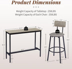 43.31" Bar Table Set for 2, Counter Height Dining Table with PU Upholstered Bar Stools and Backrests, Space-Saving Small Kitchen Table for Breakfast Nook,Grey