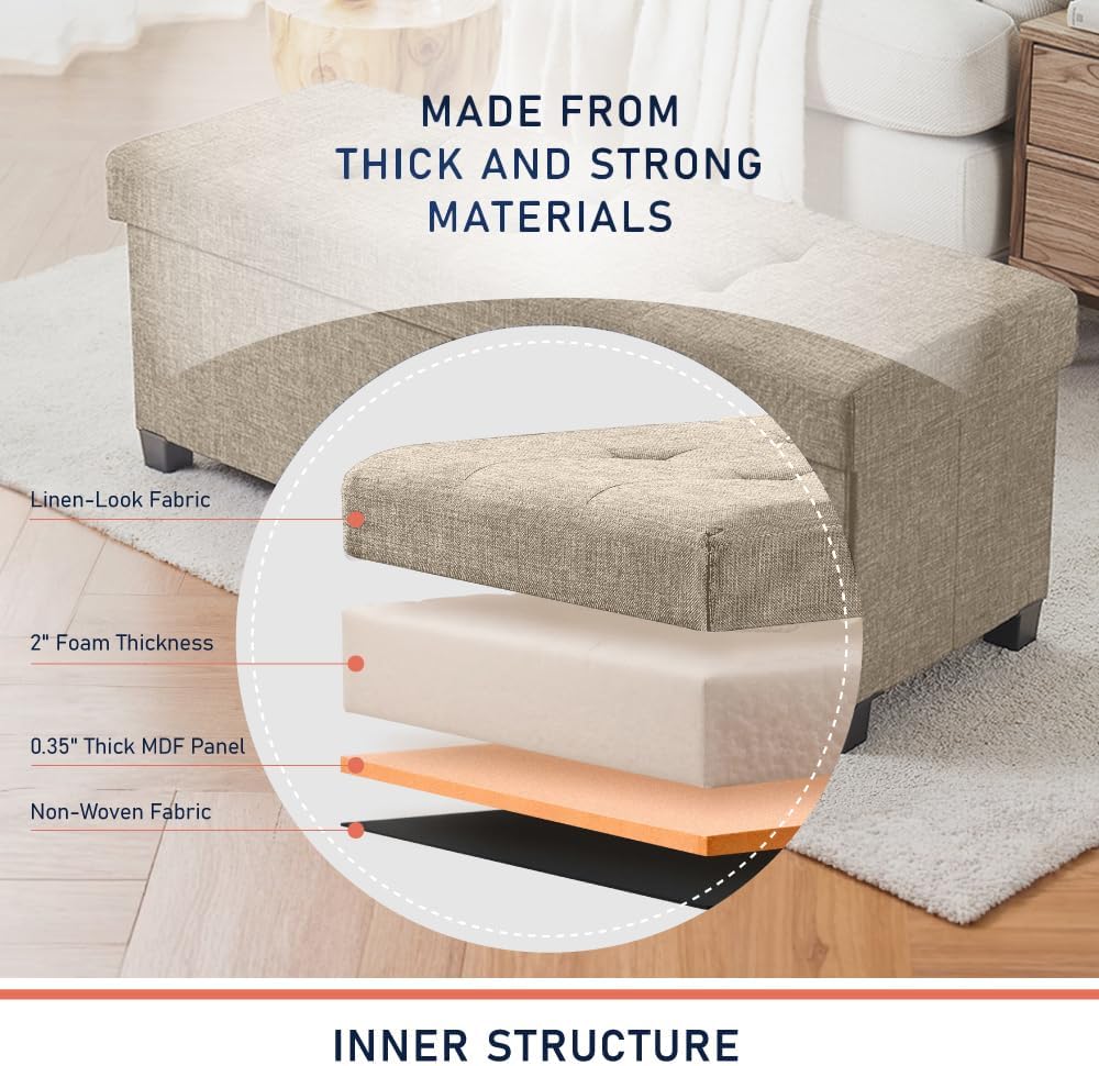 Ornavo Home 43 Inch Storage Ottoman, Large Storage Bench, Ottoman with Storage with Legs, Foot Rest Stool, Bedroom Bench - Tan/Taupe