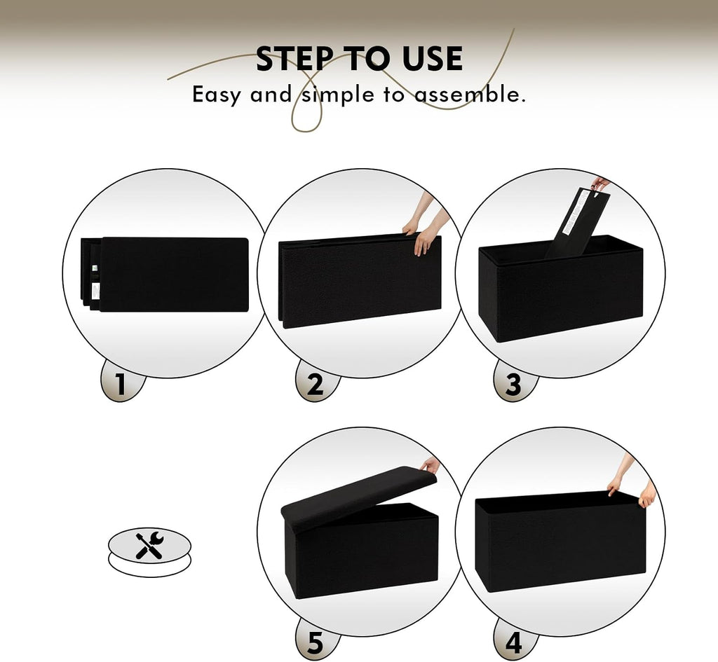 PINPLUS Folding Storage Ottoman Bench, Black Sherpa Ottoman for Living Room, Long Shoes Storage Chest Boxes Footrest Bench for Bedroom, Living Room, Entryway, 31.5Inches
