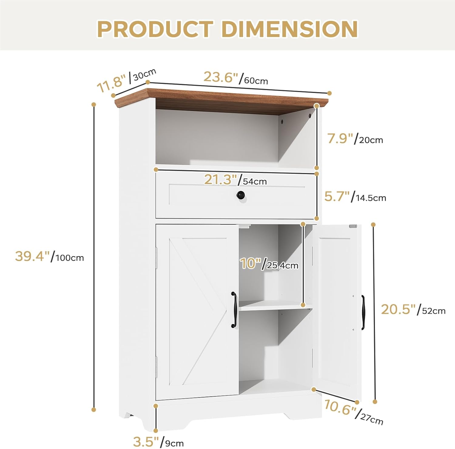 Floor Cabinet, Farmhouse Storage Cabinet with Barn Doors and Drawer, 11.81" D x 23.62" W x 39.37" H White Freestanding Adjustable Shelf Organizer for Bathroom, Kitchen, Living Room