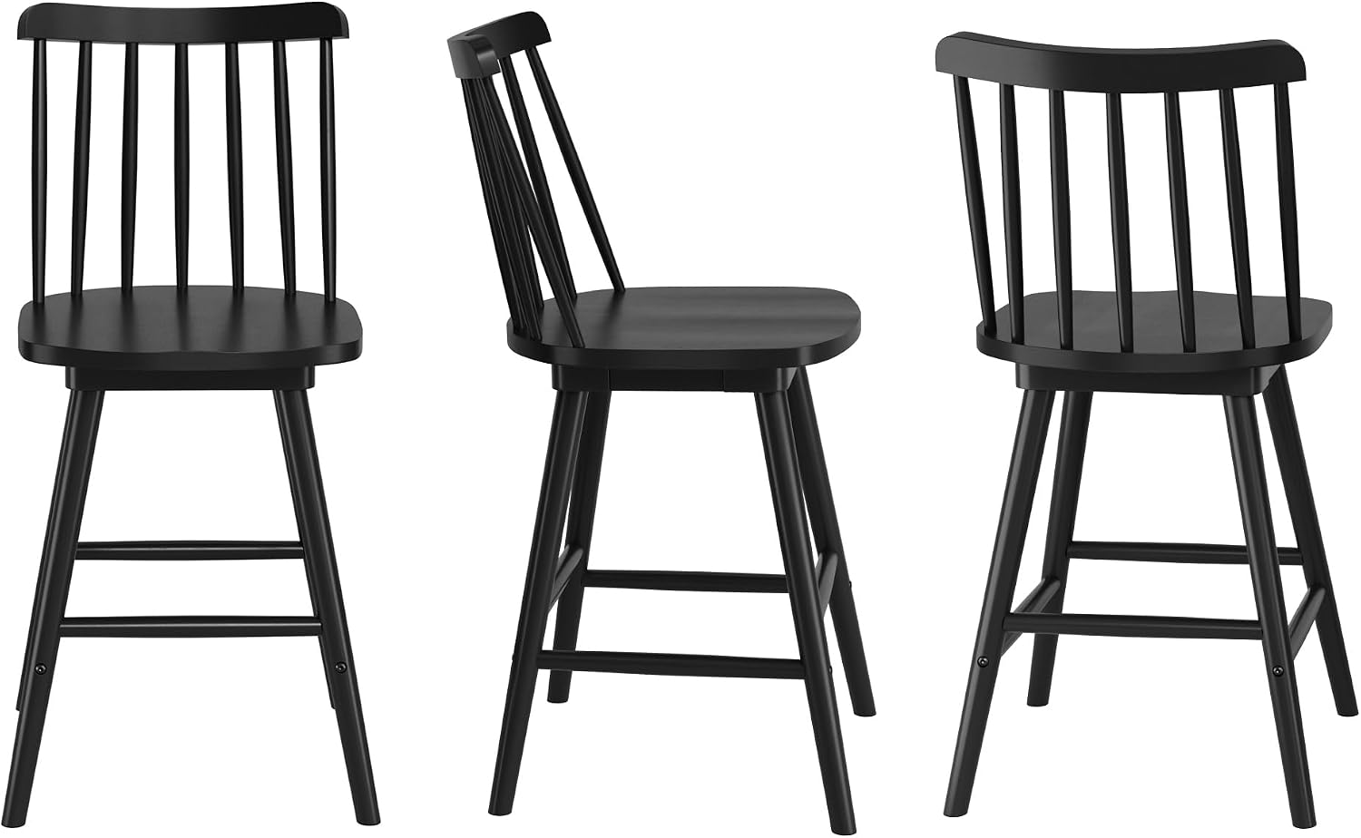 LUE BONA 360° Swivel Bar Stools Set of 3, Black Windsor Barstools, Counter Height Barstool with Spindle Back, 24 inch Farmhouse Wooden Counter Stools for Kitchen Island, Pub, Bistro, Cafe, Dining Room