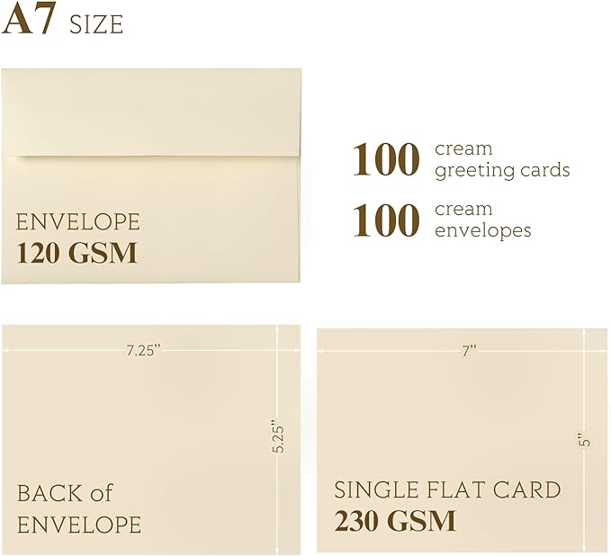 Ivory Blank Cards and Envelopes (Unfolded), Goefun 5x7 Flat Cream Cardstock and A7 Envelopes Self Seal 100 Pack for Wedding, Invitations, DIY Greeting Cardstock, Thank You Cards & All Occasion