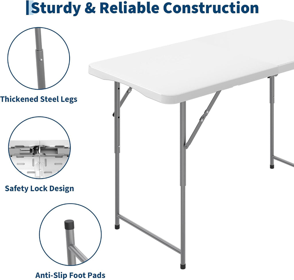 Garvee 4ft Folding Table HDPE Foldable Table with Carrying Handle 3 Adjustable Height Settings Metal Frame Support Up to 400LB Portable for Picnic Camping Party Indoor & Outdoor Use, 1 Pack White