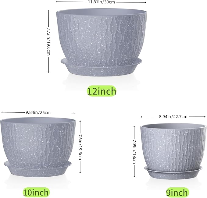 12/10/9 Inch Plant Pots, 3 Pack Large Flower Pots for Indoor and Outdoor Plants with Water Ripples, Large Plastic Flower Pots with Drainage Holes and Tray for Garden Indoor Plants