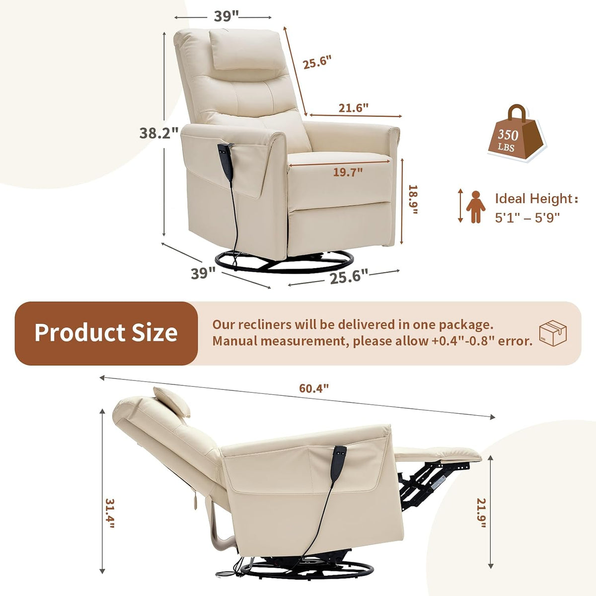 AIRSKY Genuine Leather Power Swivel Rocking Recliner Chair for Adults | Recliners for Small Spaces, Top Grain Leather, Power Glider Rocking Chair with Movable Headrest for Living Room, Beige