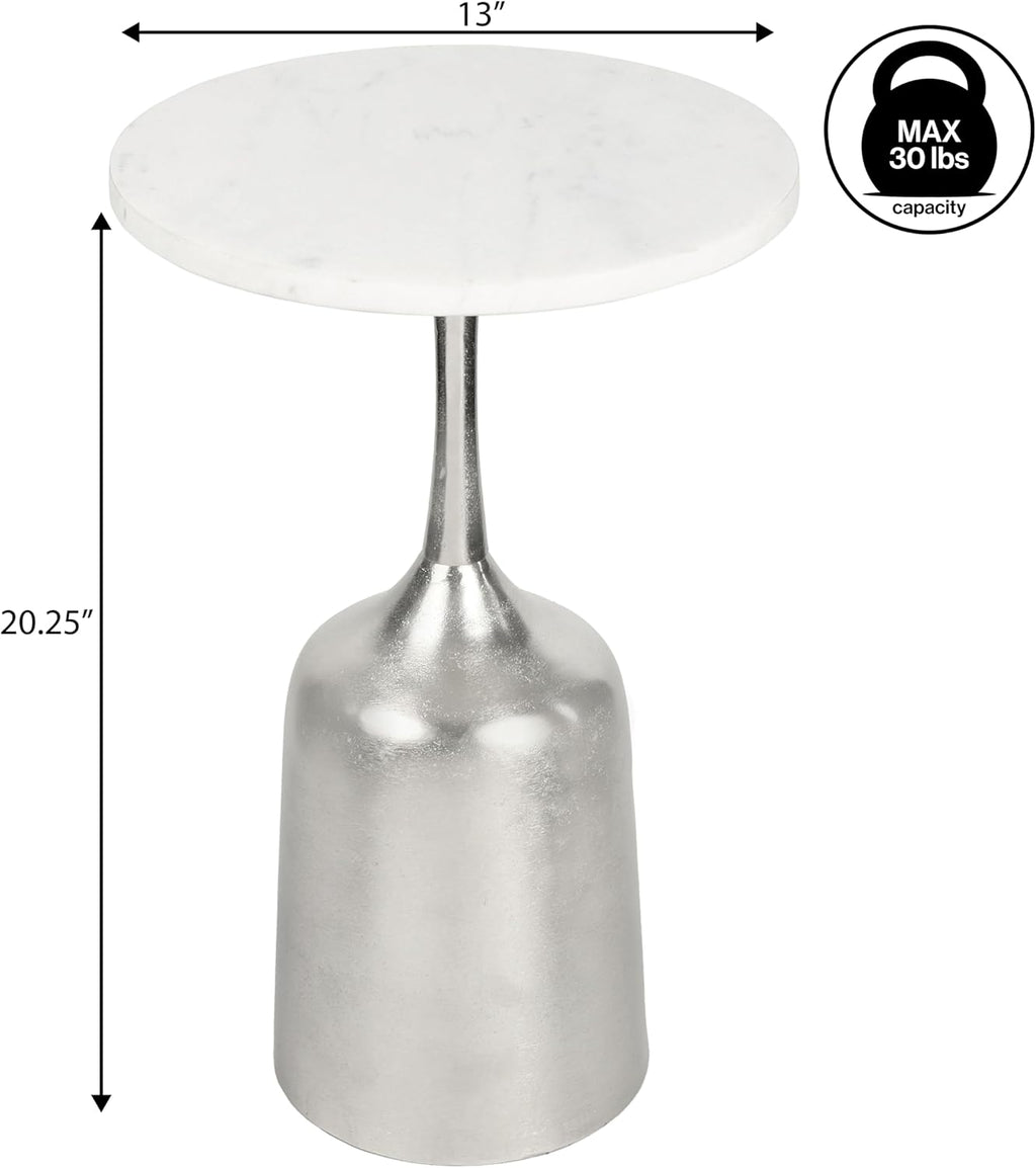 Eyely DNE4002A Noa 20.25" Classic Designer Metal Drink Table and Decorative End Table w/White Marble Round Top and Bell Pedestal Base for Living Room, Bedroom, Antique Nickel