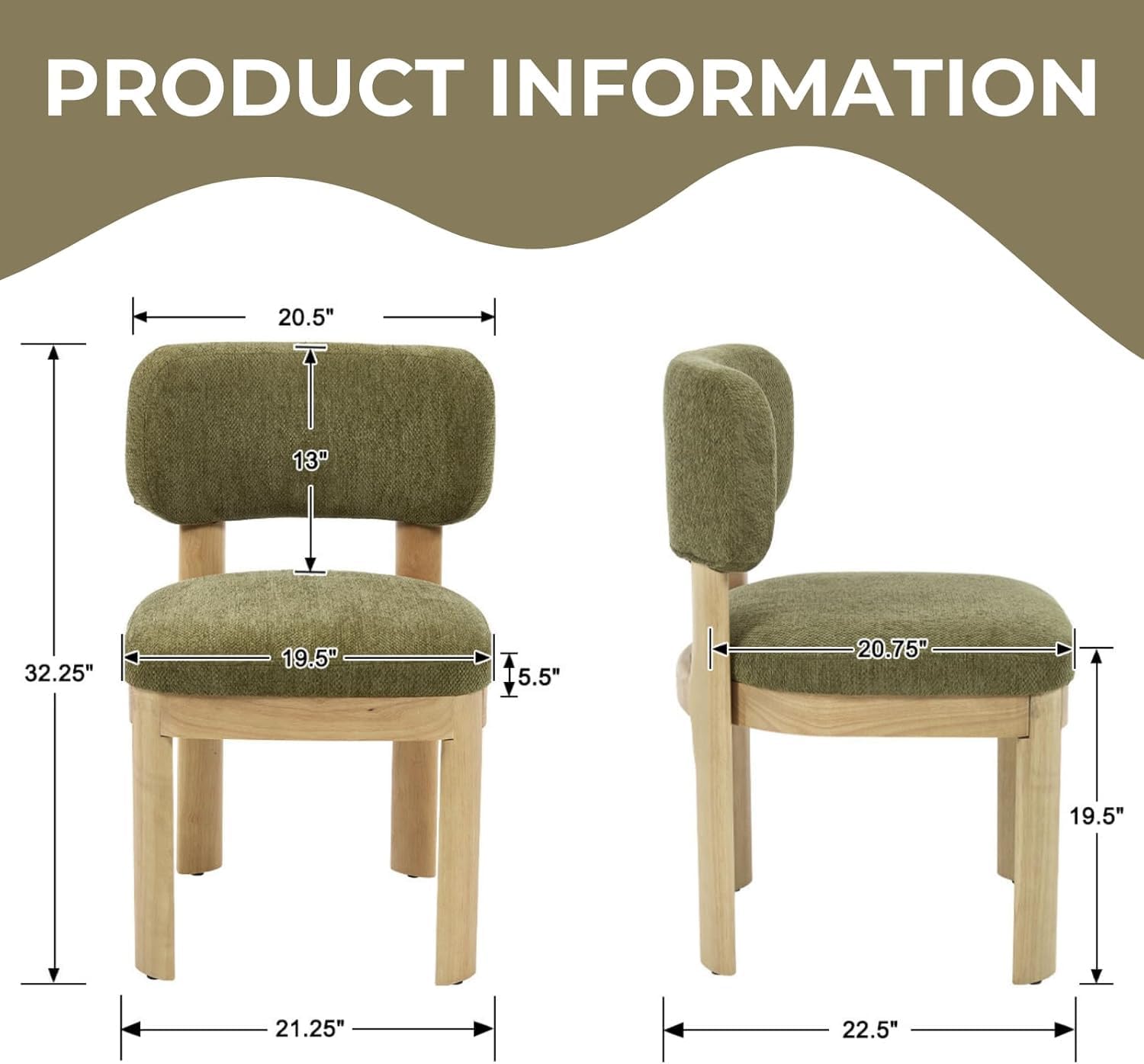 ROCITY Green Upholstered Dining Chairs Set of 4 Chenille Fabric Dining Room Chairs Modern Barrel Kitchen Chairs with Curved Backrest and Wooden Legs