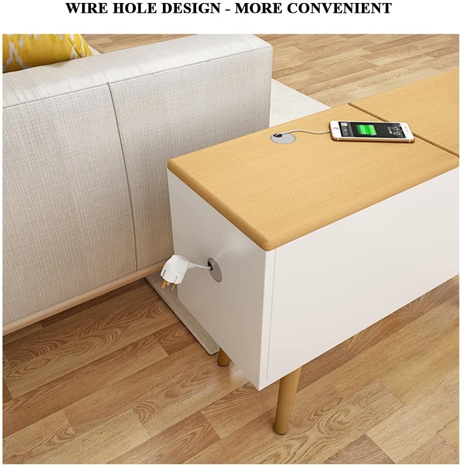 Sofa Side Table with 2 Drawer, Flip Lid Storage Narrow and Long Storage Cabinet, Solid Wood Cabinet Legs, Hydraulic Hinges, Corner Table for Living Room