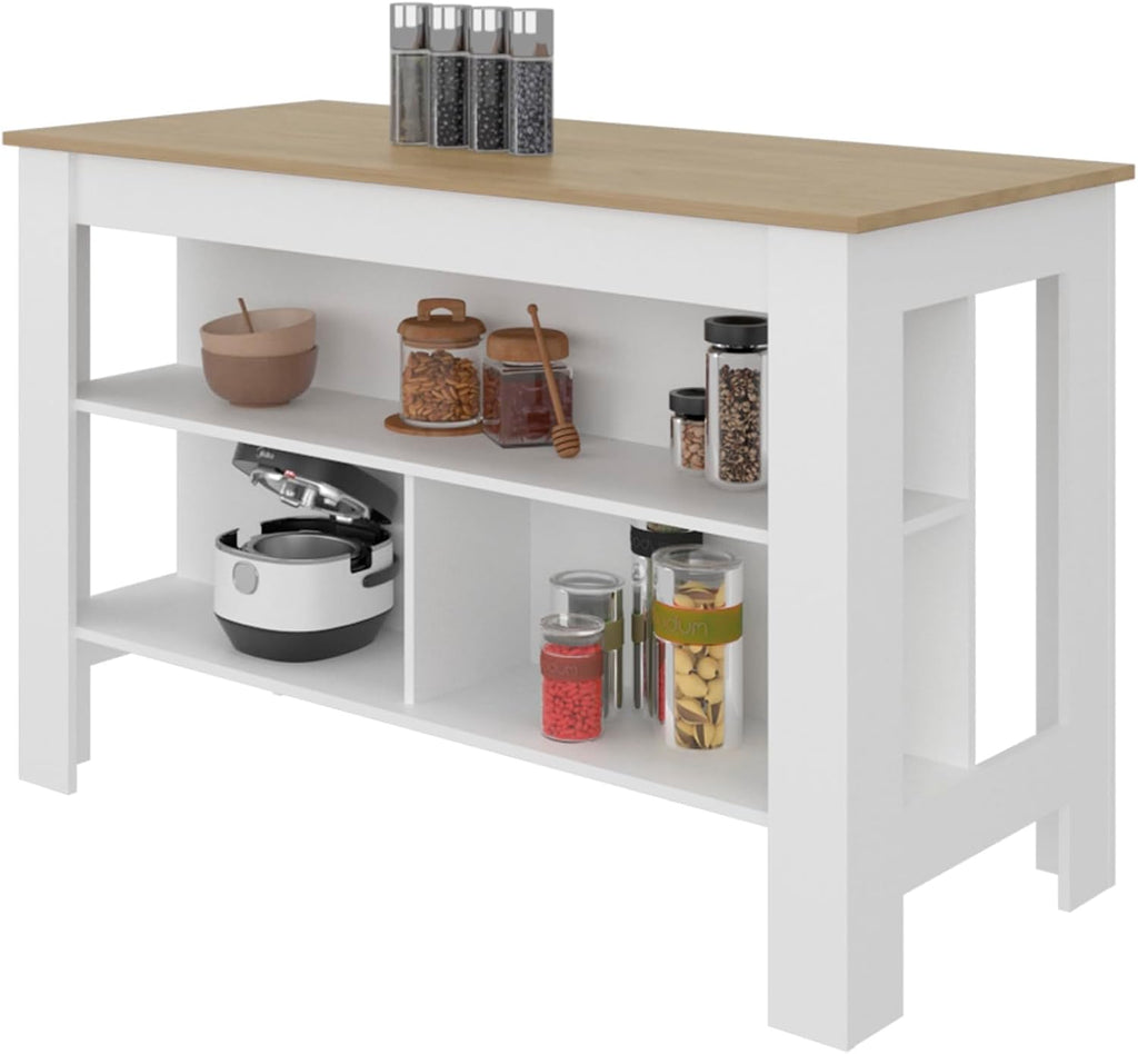 Kitchen Island with Open Storage Shelves for Home Organization | White and natural oak finish with open shelving for access