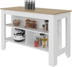 Kitchen Island with Open Storage Shelves for Home Organization | White and natural oak finish with open shelving for access