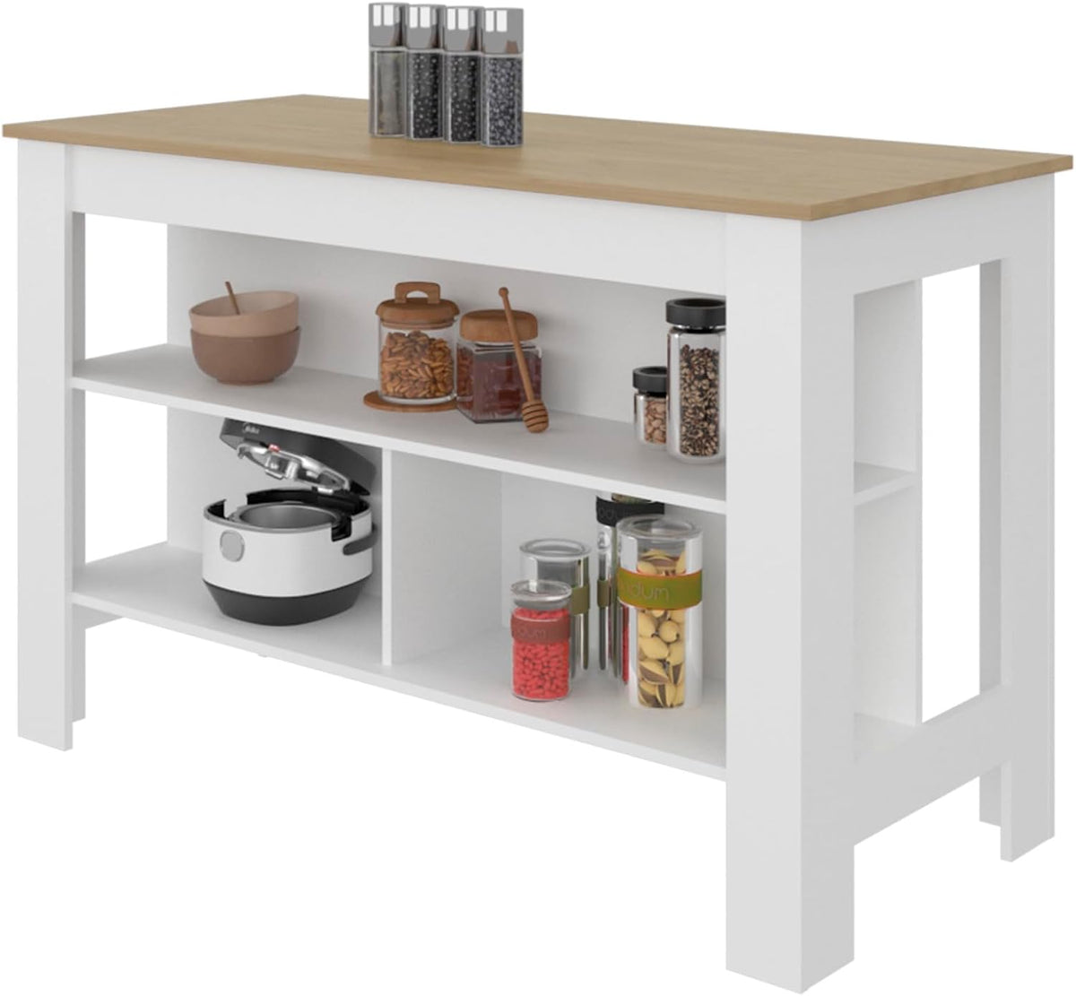 Kitchen Island with Open Storage Shelves for Home Organization | White and natural oak finish with open shelving for access