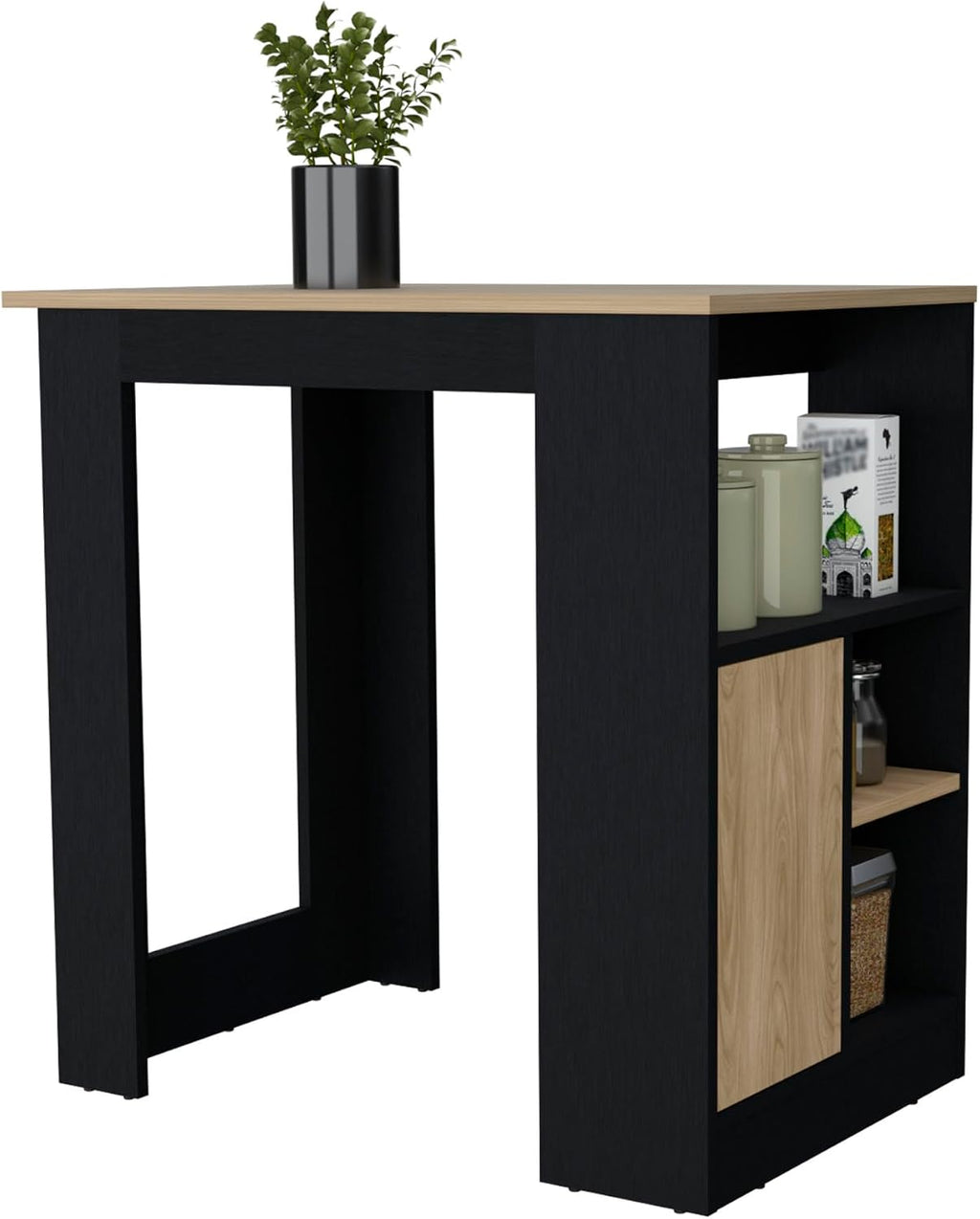 Kitchen Island with Door and Open Storage, Black/Natural Oak | Melamine kitchen island with door and open storage for organized kitchen access