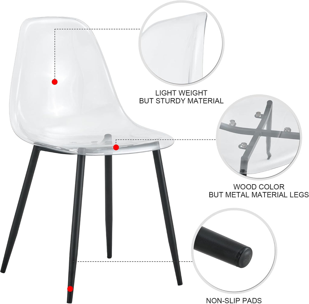 JUFU Acrylic Dining Chairs Set of 4, Modern Clear Chairs with Transparent Seat, Ergonomic Acrylic Side Chairs with Black Metal Legs for Dining Room, Kitchen, Living Room