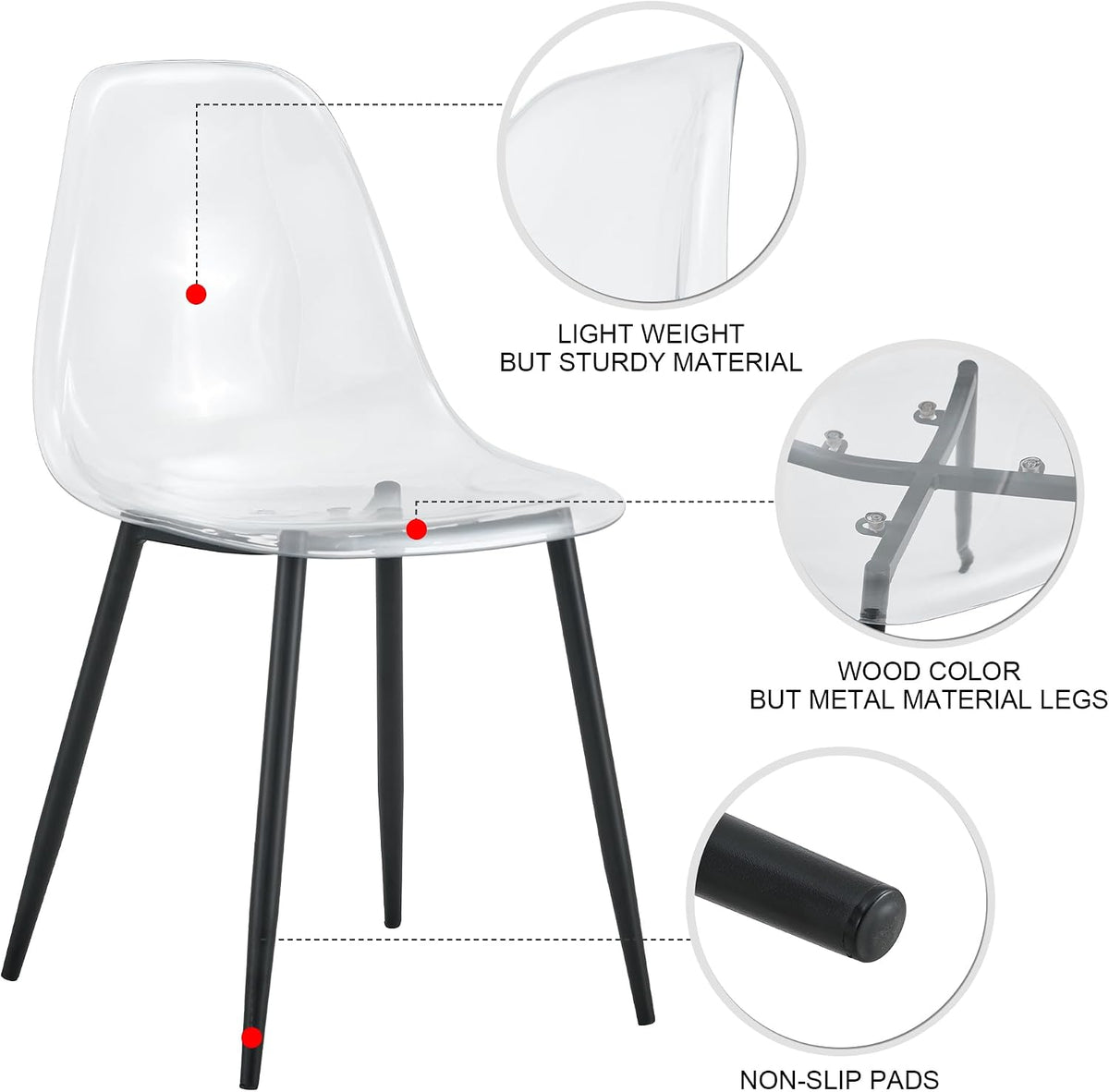 JUFU Acrylic Dining Chairs Set of 4, Modern Clear Chairs with Transparent Seat, Ergonomic Acrylic Side Chairs with Black Metal Legs for Dining Room, Kitchen, Living Room