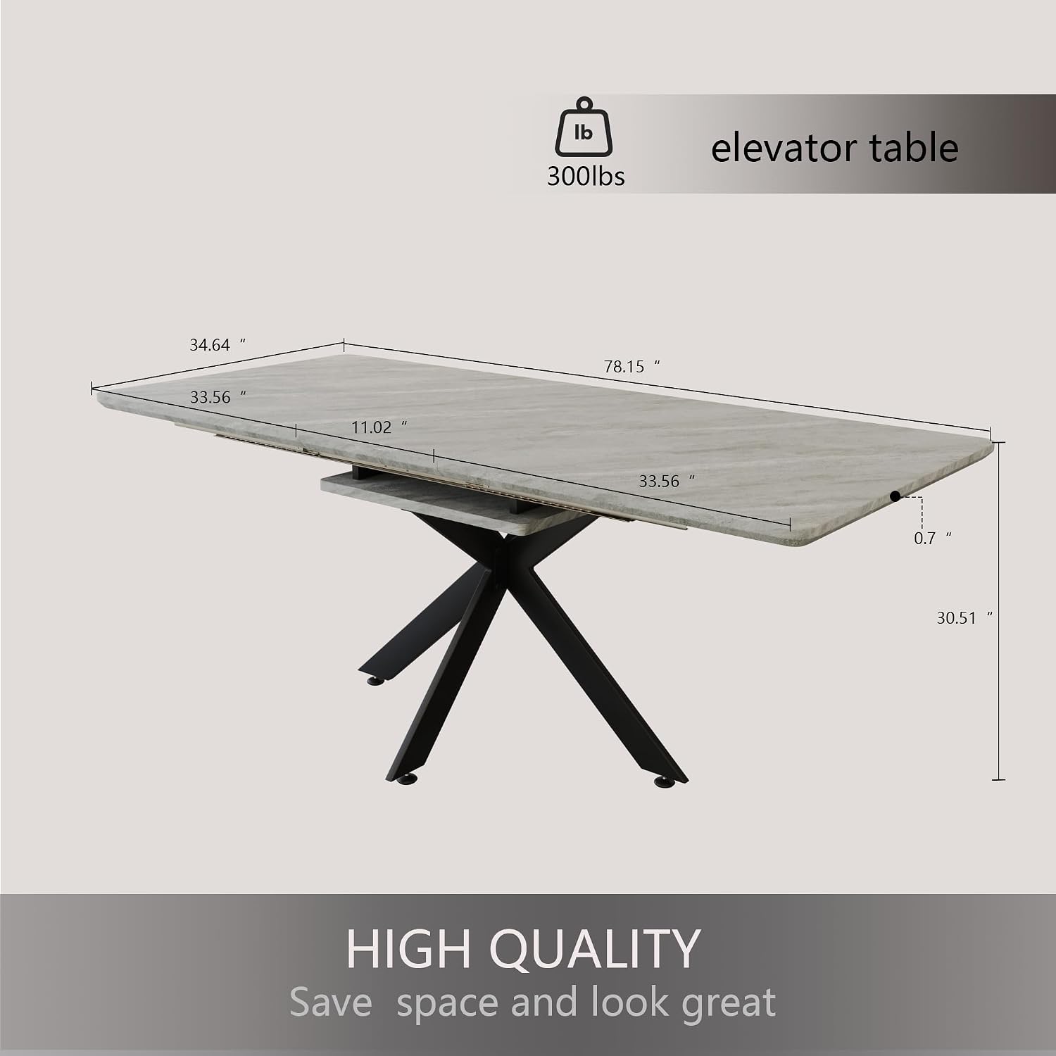 Extendable Dining Table, Modern Dining Table with Metal Leg, 62.4‘’-78.15‘’ Kitchen Table for 6-8 People, Space Saving Rectangular Kitchen Table for Office, Kitchen, Dining Room