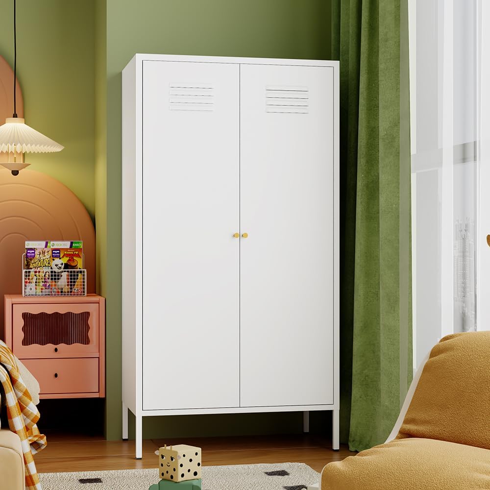 2 Door Metal Cabinet,Classified Storage Tall Storage Cabinet with Hanging Rod&2 Freely Adjustable Shelves, Metal Tall Storage Cabinet for Garage, Storage Room,Home (Steel Cabinet,White)