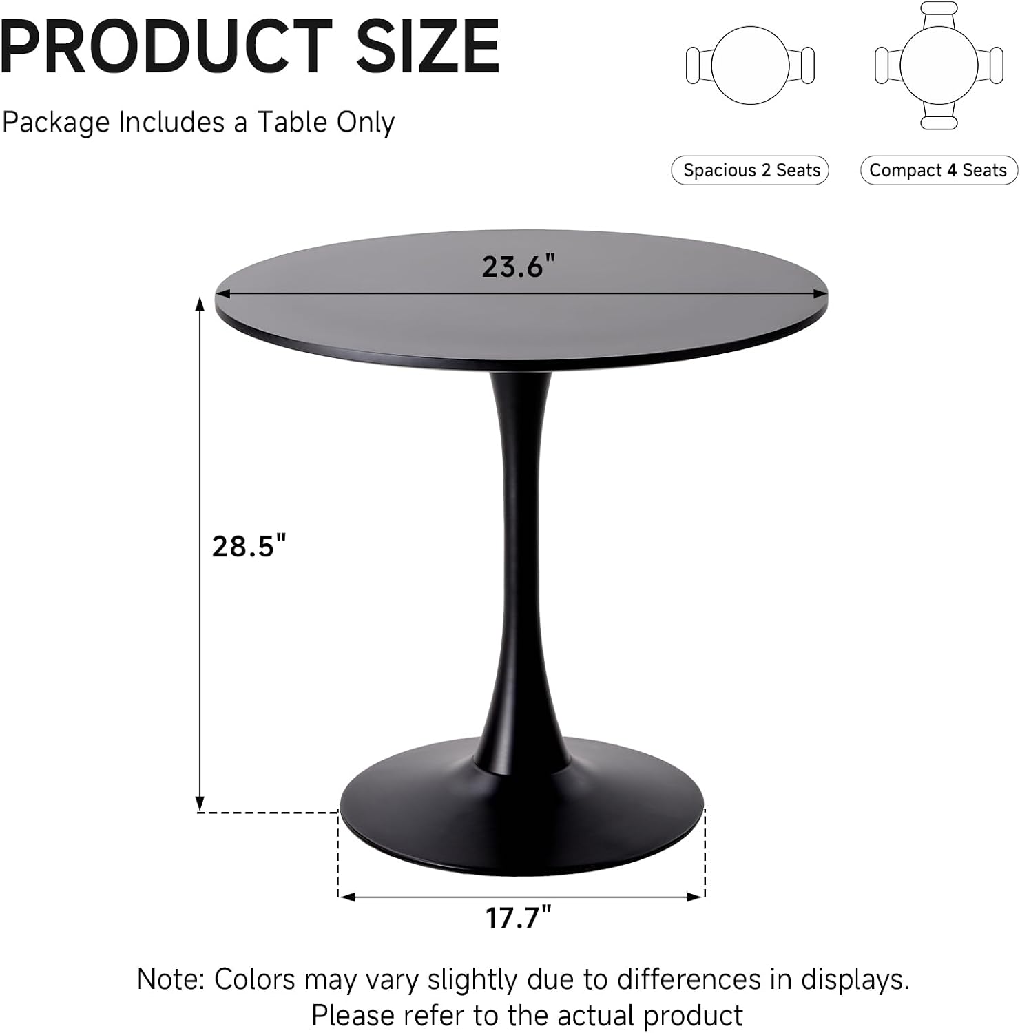23.6" Small Round Dining Table for 2 4, [Sturdy Metal Tulip Base] Black Modern Circle Kitchen Table, Space Saving, for Dining Room Apartment Office