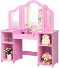Costzon Kids Vanity, 2 in 1 Princess Makeup Desk Dressing Table with Detachable Top, Toddler Vanity with Tri-fold Mirror & Storage Shelves, Vanity Set for Little Girls, Pink