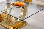 3 Piece Living Room Table Set, Rectangle Tempered Glass Coffee Table, End Tables, Console Table, Luxury Modern Clear Coffee Table Set of 3 with Gold Steel Base for Living Room, Apartment