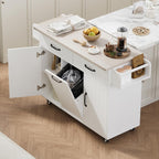 ZOEDO K&K Kitchen Island with Trash Can Storage Cabinet, Kitchen Cart with Drop Leaf, Spice Rack, Towel Rack and Drawer, Rolling Kitchen Island on Wheels with Adjustable Shelf, White