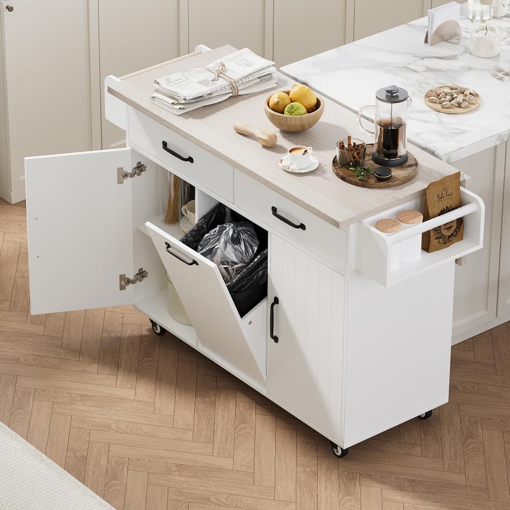 ZOEDO K&K Kitchen Island with Trash Can Storage Cabinet, Kitchen Cart with Drop Leaf, Spice Rack, Towel Rack and Drawer, Rolling Kitchen Island on Wheels with Adjustable Shelf, White