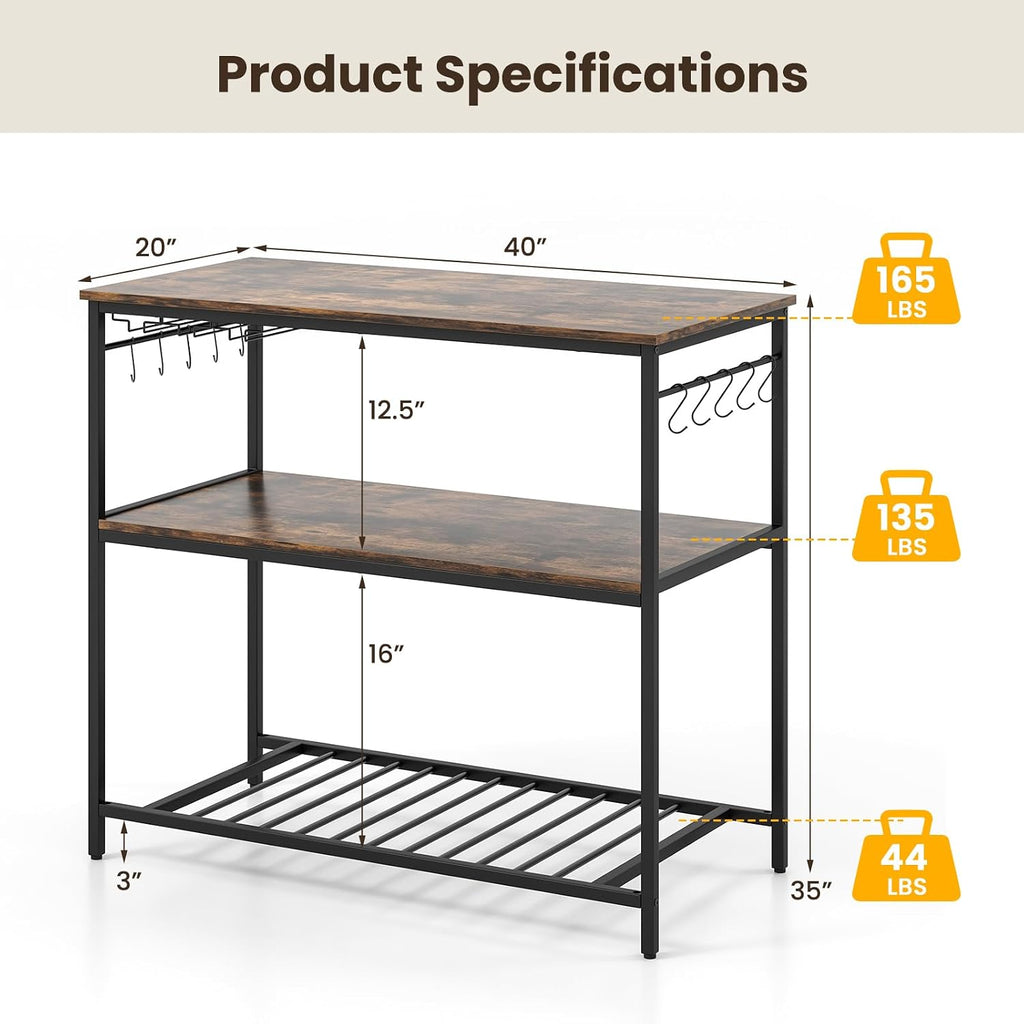 Giantex Kitchen Baker Rack with 3 Tier Storage Shelves, 10 Hooks, Glass Holder, 40" Stationary Island with Spacious Worktop, Industrial Kitchen Shelf, Metal Frame, Easy Assembly (Rustic Brown & Black)
