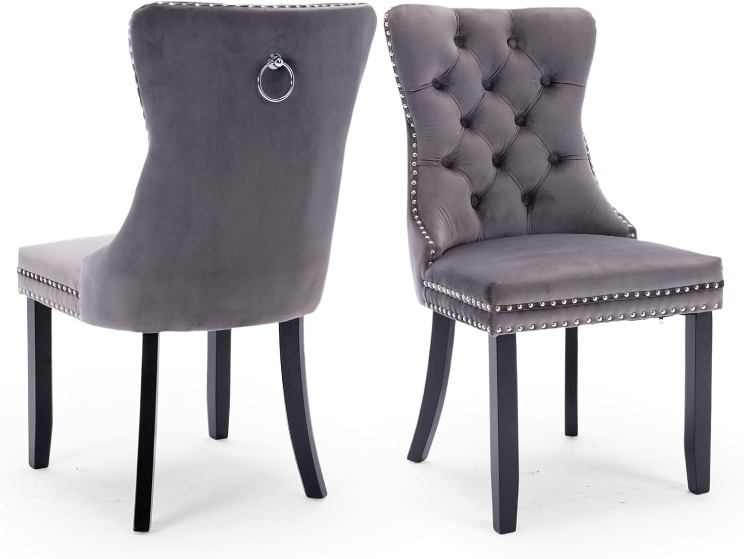 Velvet Dining Chairs Set of 2,Upholstered Dining Room Chairs with Ring Pull Trim&Solid Wood Legs,Farmhouse Tufted Kitchen Chairs with Nailhead,Grey