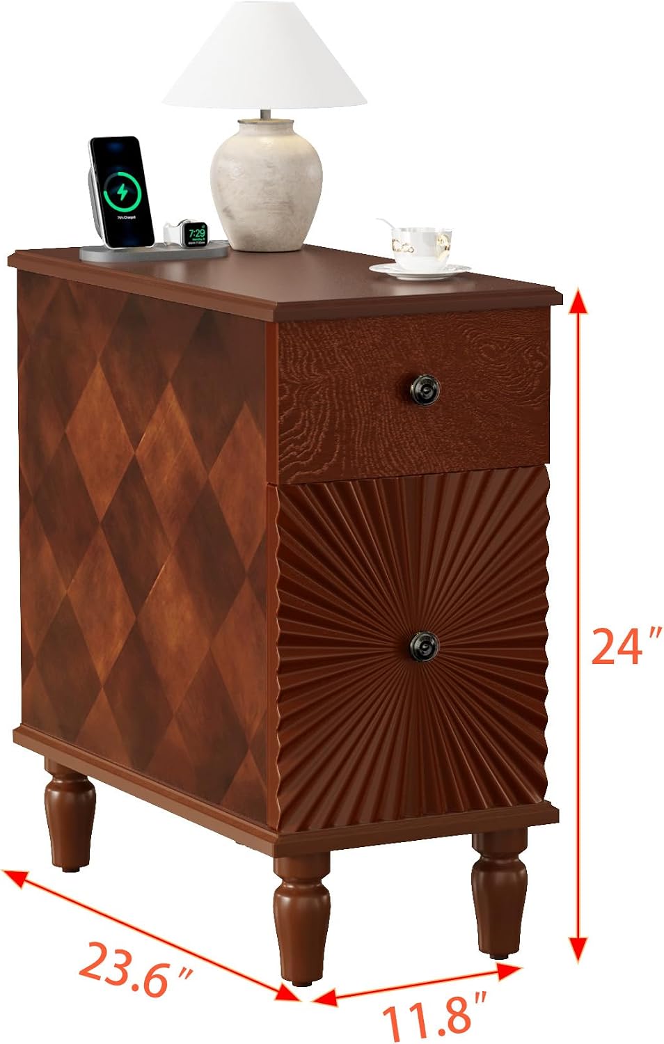 Narrow End Table with Charging Station, Slim Side Table with Drawers for Small Spaces, Long Nightstand with Storage, Traditional Small Bedside Cabinet for Living Room/Bedroom/Corner, Walnut
