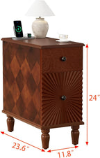 Narrow End Table with Charging Station，Modern Sofa Side Table with 2 Drawers，Narrow Side Tables with Storage Cabinet, Wood Slim Nightstand, End Tables for Living Room, Bedroom