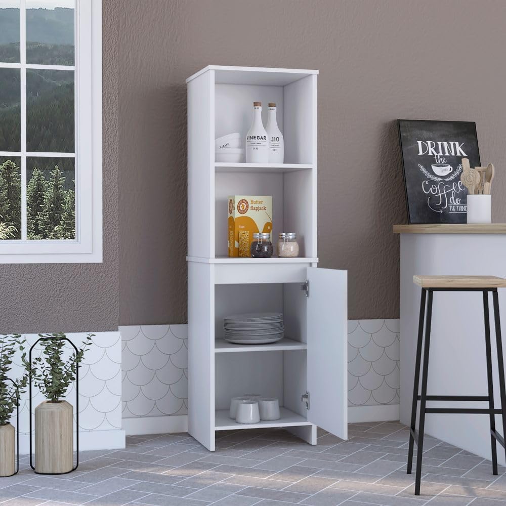 59" Tall Kitchen Pantry with Open Shelving & Cabinet - White