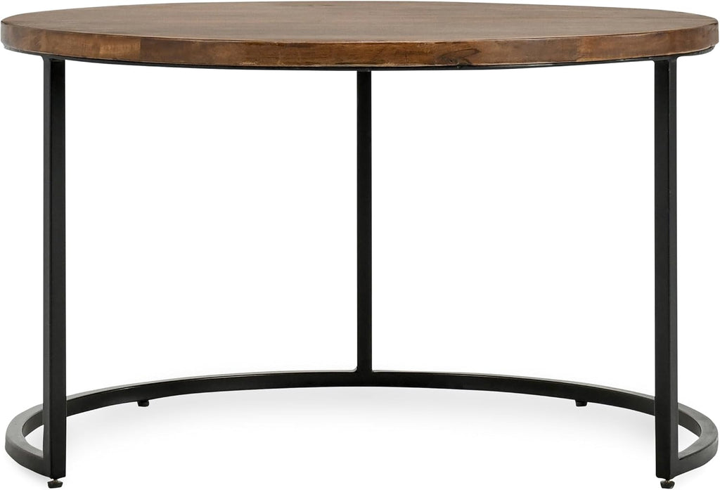 32" Natural Grain Side Coffee Table, Small Nesting Tables with Sturdy Iron Base, Nesting Table Set with Transitional Styling for Versatile Home Usage Areas, Brown+Black