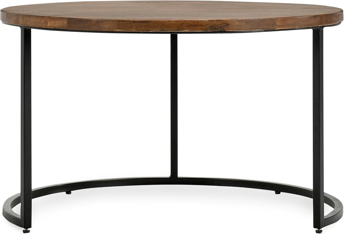 32" Natural Grain Side Coffee Table, Small Nesting Tables with Sturdy Iron Base, Nesting Table Set with Transitional Styling for Versatile Home Usage Areas, Brown+Black