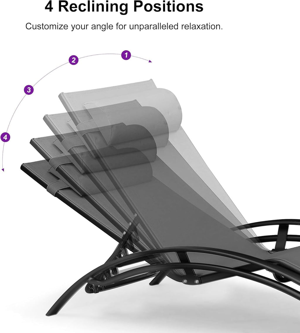 PURPLE LEAF Patio Pool Lounge Chaise Set of 3 Outdoor Lounger Chair, Black | 2 Chaise + 1 Table, Aluminum Frame, UV Textilene Fabric, Adjustable Headrest & 5 Recline Angles, Stackable, S-Curve Backrest
