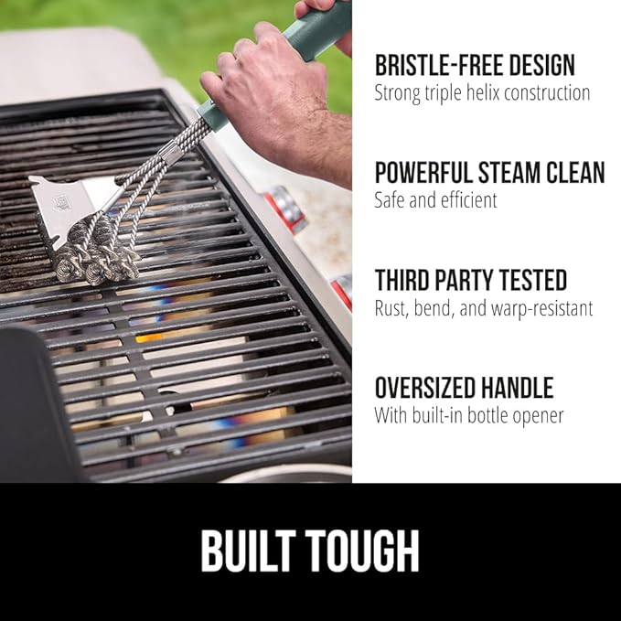 GORILLA GRIP Heavy Duty No Bristle Triple Helix Grill Brush with Scraper for Outdoor Grills, Safe Steam Cleaning, Oversized Comfortable Handle Grip with Bottle Opener, BBQ Tools, 17.5 Inch, Green
