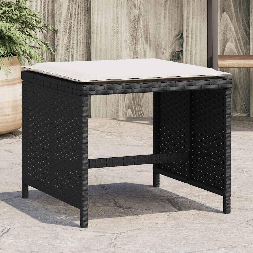 4-Piece Garden Stool Set with Cushions, Black and Cream, Square Outdoor Stools with Removable Polyester Cushions, Metal Frame and PE Rattan, 242.5 lbs Capacity per Stool for Patio