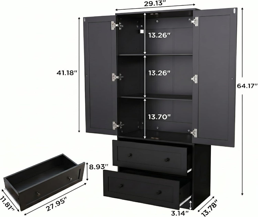 DIYART 64.2" Tall Black Kitchen Pantry, Storage Cabinet with Doors and Drawers, Freestanding Wooden Organizer for Kitchen, Dining Room