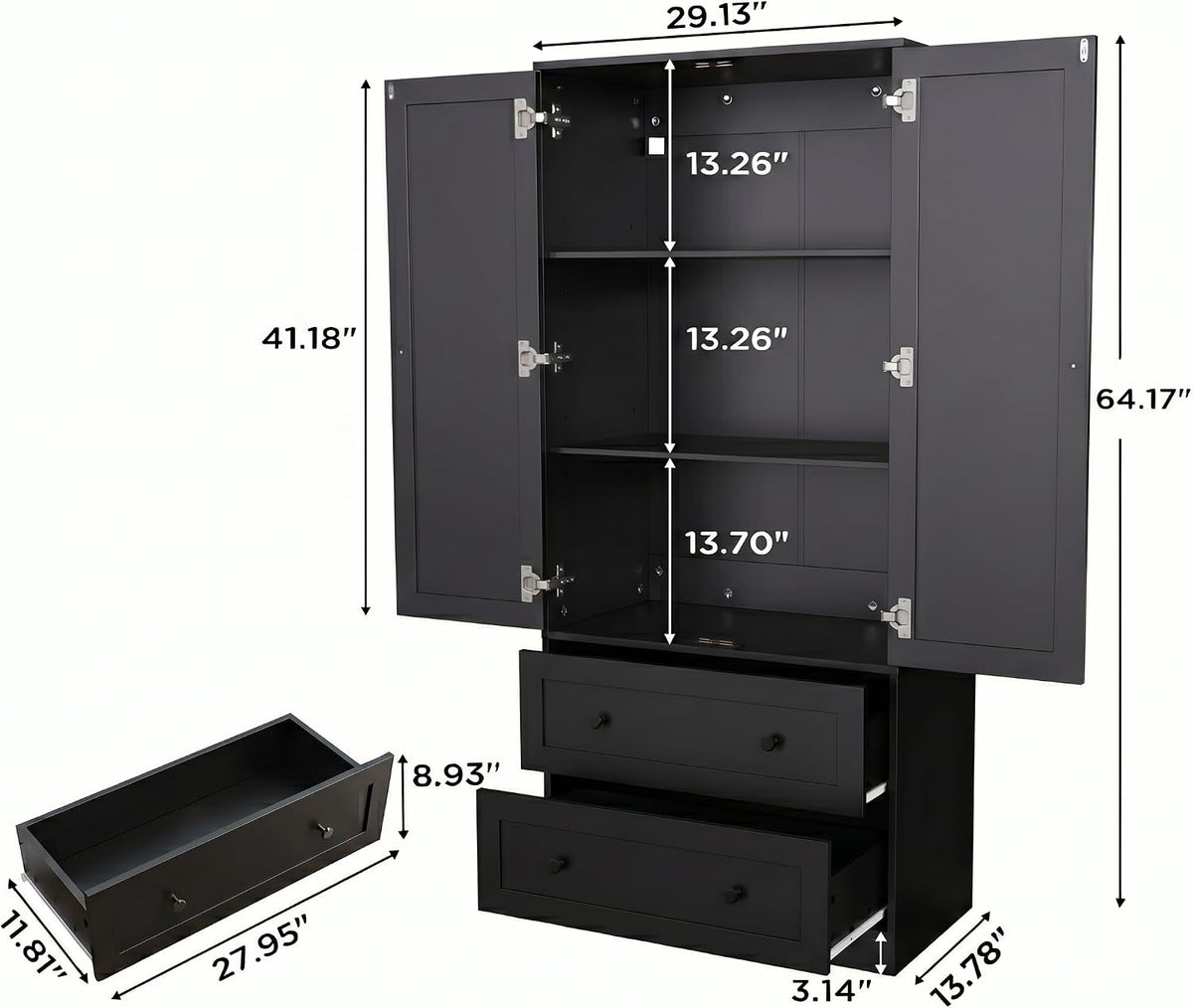 DIYART 64.2" Tall Black Kitchen Pantry, Storage Cabinet with Doors and Drawers, Freestanding Wooden Organizer for Kitchen, Dining Room