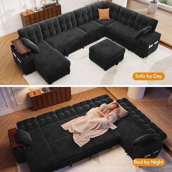 Vipbear 130" Modular Sectional Sleeper Sofa with Pull Out Bed, 9 Seat L Shaped Couch with Ottoman & Chaise/Reclining Backrest/Lift-Top Storage Arms/USB/LED Light/Tool-Free Assembly, Chenille Black