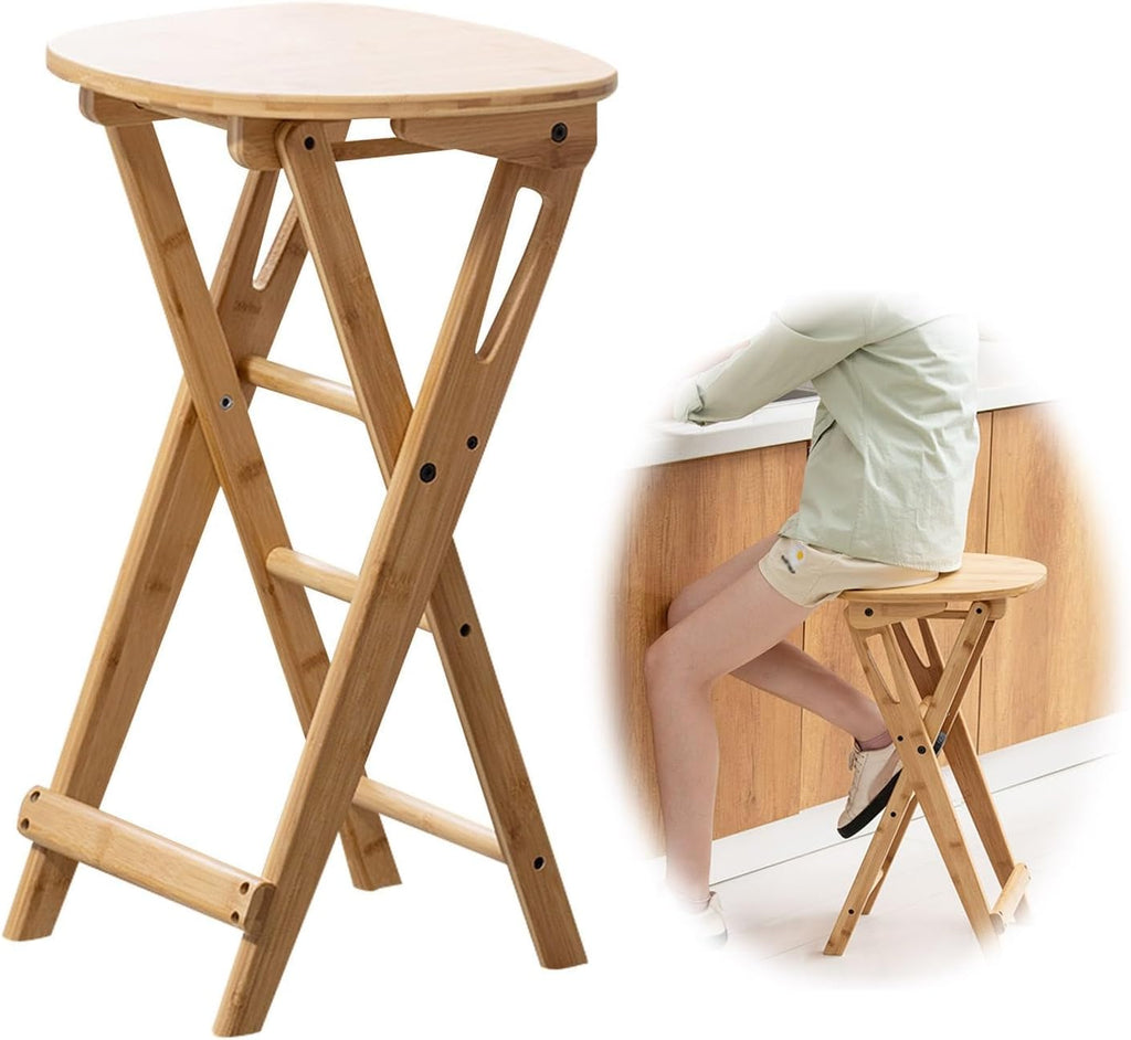 Foldable Stool 24inch Folding Bar Stool Wood Kitchen Stool Without Backrest for Kitchen Island Counter Height Folding Chairs Saves Space Breakfast Bar Stools with Footrest Garden Dining Chairs