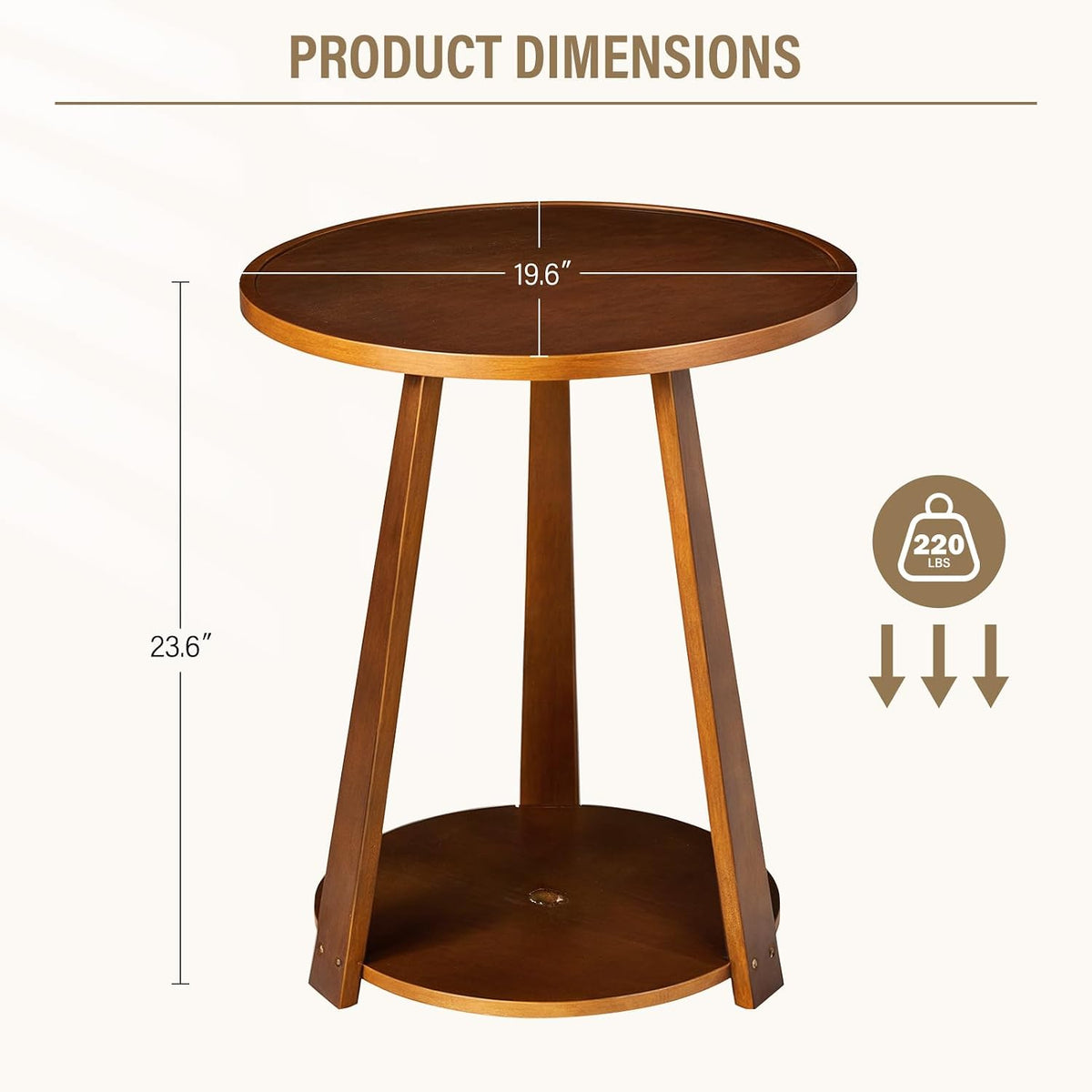 Round Living Room End Table - Walnut Solid Wood Round Side Table with Lower Shelf for Living Room Couch, Bedroom Nightstand